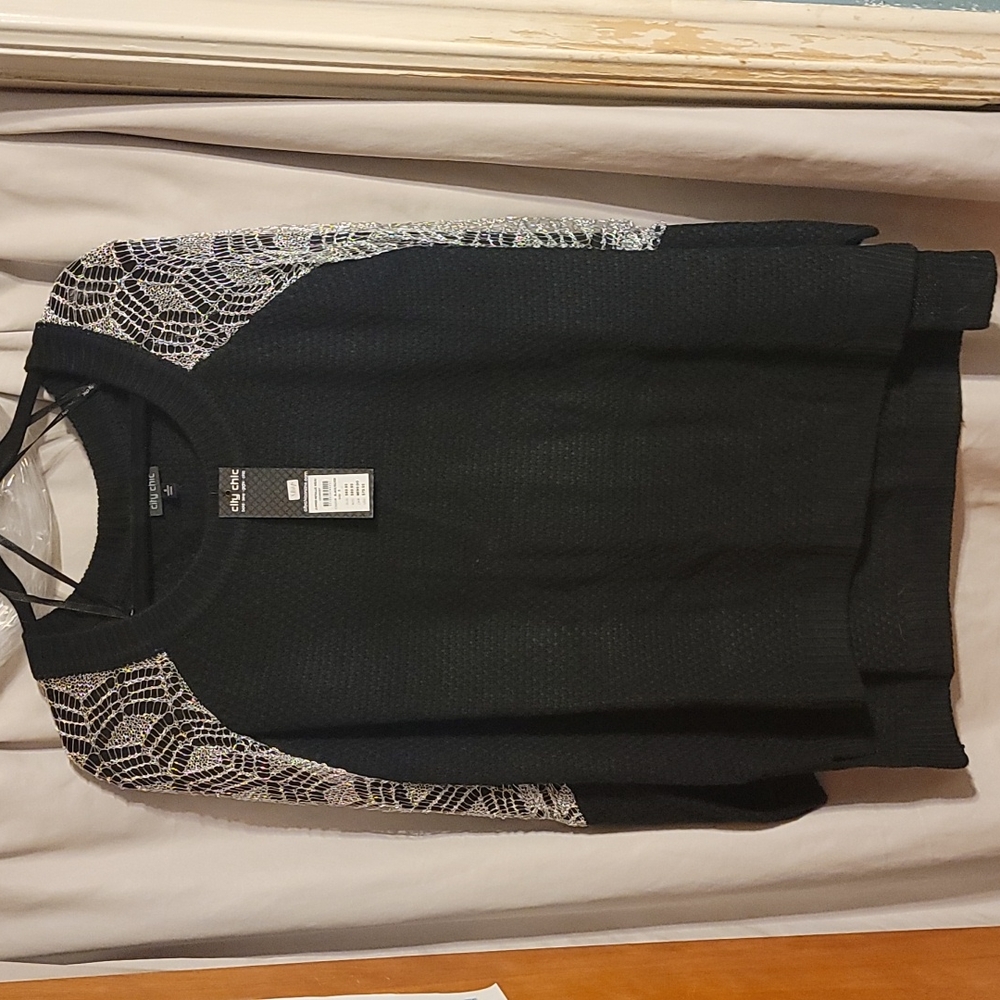 City Chic Soft Knit Sweater with Silver Web Sleeves